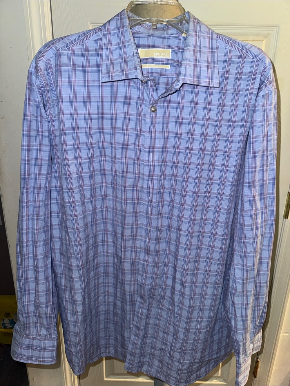 Michael Kors Men’s Light Blue and Purple Plaid Dress Shirt